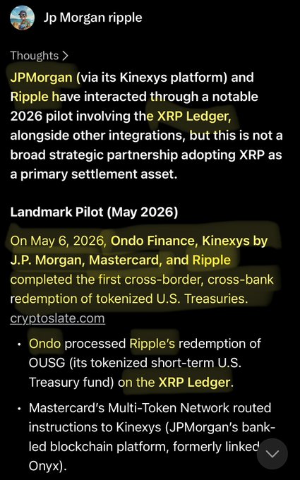 A tweet by "Jp Morgan ripple" highlights a May 6, 2026 pilot where Ondo Finance processed Ripple's redemption of tokenized U.S. Treasuries (OUSG) via the XRP Ledger, routed through Mastercard's Multi-Token Network to JPMorgan's Kinexys platform—matching the post's claim about a fast, seamless cross-bank transaction involving $XRP.