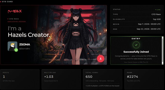 GTD Card screen showing 'I'm a Hazels Creator' by user ZSOMA, marked as LIVE for a CTD Race with eligibility Top 500, status successfully joined, rank #2274, and 650 YORAI.