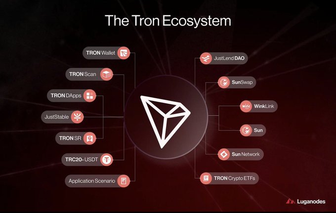 The image presents an infographic that explains the concept of a "TRON ecosystem" and its characteristics. It features a logo of a triangle symbolizing a cryptocurrency, which appears multiple times throughout the graphic. The text on the infographic describes various aspects of TRON, including its record-keeping capabilities (over 9 million transactions per day), the number of active users, and the current state of the market. Additionally, there are icons representing different functions within the ecosystem, such as "TRO Wallet" and "TRO Mining", which contribute to the visual representation of the project's key features.