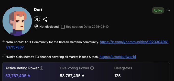 A user profile for 'Dori' marked as Active, showing links to 'ADA Korea' and 'Dori's Coin Memo' with Active Voting Power of 53,767,495 A and 125 Delegators.