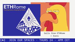 Promotional banner for "ETHRome" featuring Homer Simpson thinking, with text reading "Gallo true ETHome + Eons" and "JOIN OUR SPACES - THURS 24 - 4PM CET."