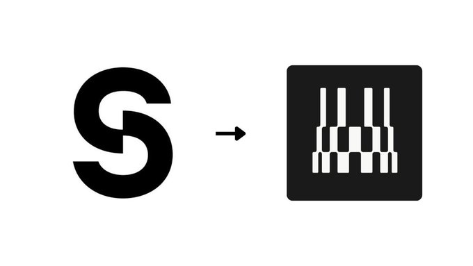 The image shows a black "S" logo (representing Story/$IP) with an arrow pointing to a piano keyboard icon (representing $DATA), illustrating the ticker migration from $IP to $DATA at a 1:1 ratio.