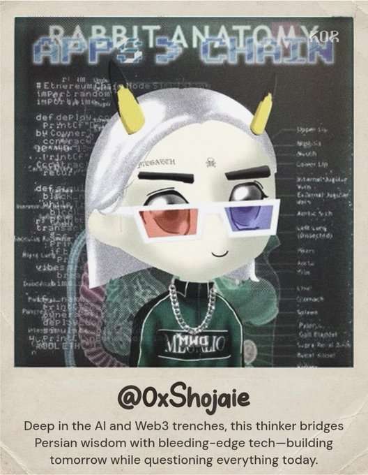 A stylized 3D avatar with white hair, yellow horn-like accents, and red/blue 3D glasses appears against a backdrop of computer code, with the title "RABBIT ANATOMY APPS CHAIN" and "KOR" visible at the top. Below the image is the handle "@0xShojaie" and text describing the user as bridging Persian wisdom with AI and Web3 tech, promoting their Kor Protocol ID claim on Base.