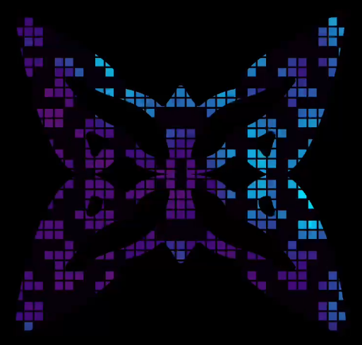 An LED pixelated display shows an animated purple and blue butterfly or bat-like design against a black background.