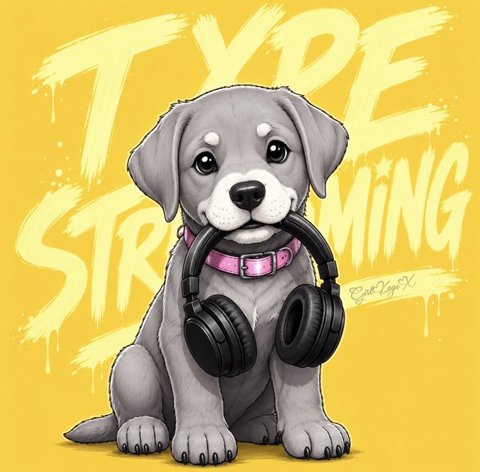 A digital illustration of a cute gray puppy wearing black headphones around its neck and a pink collar, with the text 'TYPE STREAMING' in a graffiti style on a yellow background.