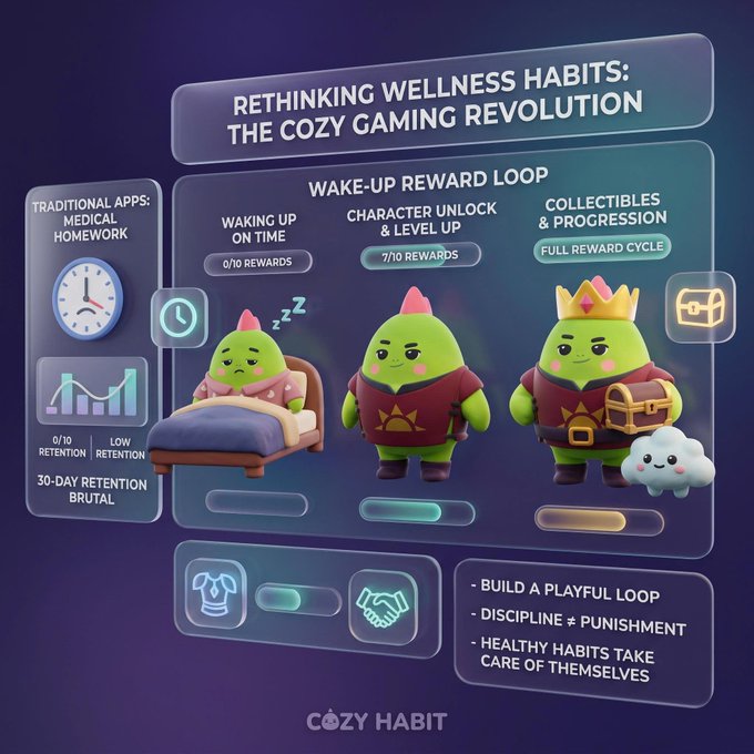 An infographic titled 'RETHINKING WELLNESS HABITS: THE COZY GAMING REVOLUTION' compares 'TRADITIONAL APPS' with a 'WAKE-UP REWARD LOOP' featuring green character progression, branded as 'COZY HABIT'.