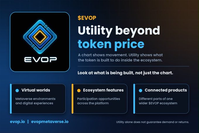 A promotional graphic for $EVOP titled "Utility beyond token price" featuring the EVOP logo and three highlight panels describing Virtual worlds, Ecosystem features, and Connected products, with website links evop.io and evopmetaverse.io, illustrating the post's message about evaluating a token's real-world ecosystem utility rather than just its price chart.