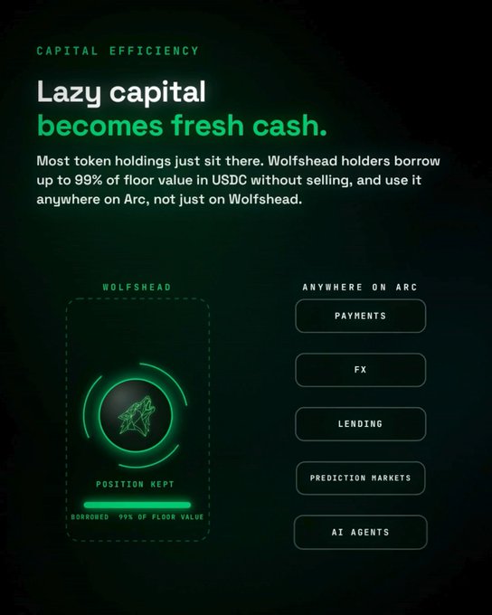 A promotional graphic for 'Wolfshead' about capital efficiency, with the headline 'Lazy capital becomes fresh cash,' explaining that holders can borrow up to 99% of floor value in USDC for use anywhere on Arc (Payments, FX, Lending, Prediction Markets, AI Agents).