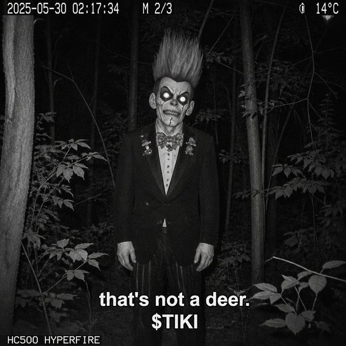 A black and white trail camera photo dated 2025-05-30 shows a creepy figure with tall hair and glowing eyes wearing a suit in a dark forest, captioned 'that's not a deer. $TIKI'.