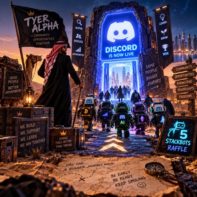 The image is a promotional graphic for "Tyer Alpha" community, featuring a desert scene with a figure in traditional Arab attire standing before a glowing portal displaying "DISCORD IS NOW LIVE." Robot figures line a path leading toward the portal, with signs advertising "5 STACKBOTS RAFFLE" and community values like "WE BUILD, WE SUPPORT, WE LEARN, WE WIN TOGETHER," directly promoting the Discord server launch and the exclusive Stackbots NFT raffle for verified OG members.