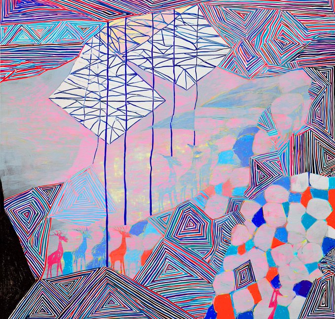 A vibrant abstract painting features intricate geometric patterns in pink, blue, and white, with silhouettes of giraffes and deer along the bottom edge, framed by triangular designs and cloud-like shapes that could represent a stylized landscape. The accompanying "GM" post (likely meaning "Good Morning") fits the artwork's bright, uplifting aesthetic, as the lively colors and whimsical animal figures evoke a cheerful start to the day.