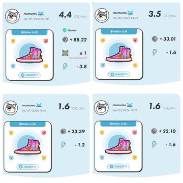 Screenshots from the mumumu running app showing running statistics in Japanese, including paces of 4.4, 3.5, 1.6, and 1.6 minutes per kilometer with elevation gain.