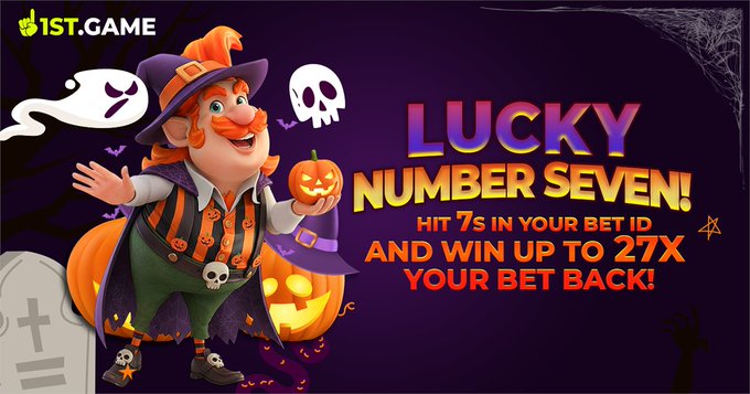 A Halloween-themed casino promotion for 1ST.GAME titled 'LUCKY NUMBER SEVEN!' featuring a leprechaun character and offering up to 27x bet back on 7s in bet IDs.