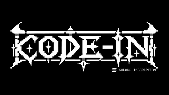 Black and white pixel-art style logo reading 'CODE-IN' with 'SOLANA INSCRIPTION' text and logo in the bottom right corner.