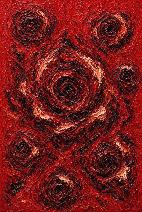 An abstract painting dominated by swirling, textured patterns in deep reds, blacks, and oranges, resembling concentric circular shapes against a red background.