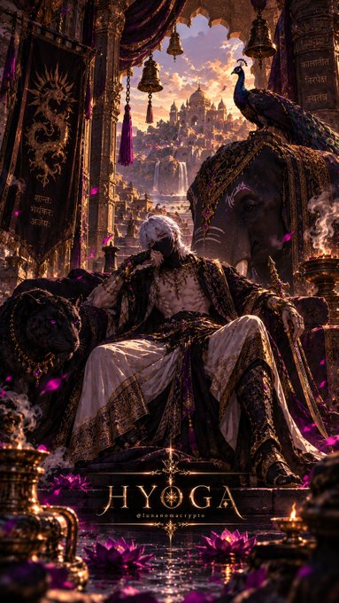 A digital artwork depicting a bearded figure in royal robes seated on a throne beside an elephant with a peacock, with the text 'HYOGA' at the bottom.
