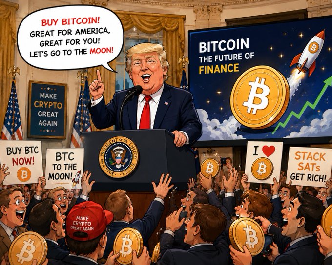 A satirical cartoon illustration of Donald Trump at a podium promoting Bitcoin with speech bubbles saying 'BUY BITCOIN! GREAT FOR AMERICA, GREAT FOR YOU! LET'S GO TO THE MOON!' alongside signs reading 'BITCOIN THE FUTURE OF FINANCE', 'MAKE CRYPTO GREAT AGAIN', and 'BUY BTC NOW!' held by enthusiastic crowds.