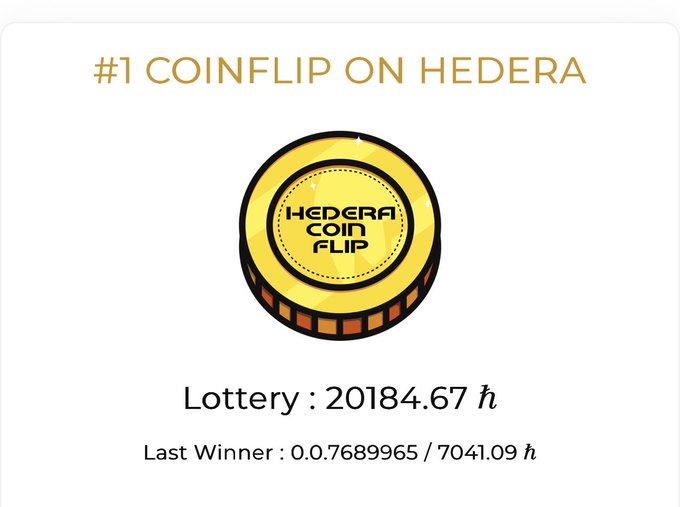 A promotional image for '#1 COINFLIP ON HEDERA' featuring a gold coin logo, displaying 'Lottery: 20184.67 h' and 'Last Winner: 0.0.7689965 / 7041.09 h'.