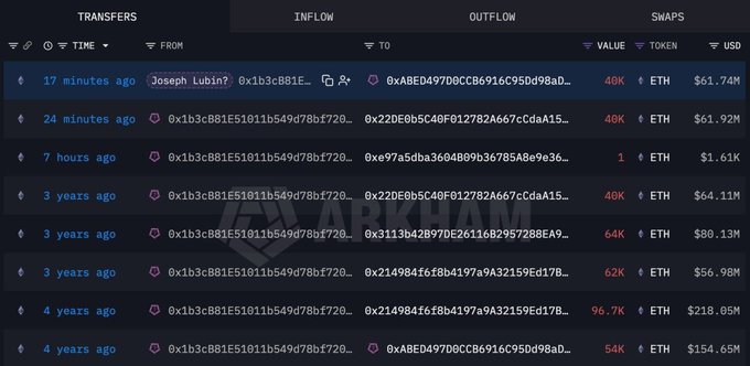 The image shows a table with various cryptocurrency values, including Bitcoin and Etherium. The table displays the current value of these digital assets, along with their respective names and symbols. The text "以太坊联合创始人关联钱包转出 8 万枚 ETH，又在卖? 以太坊联合创始人 Joseph Lubin 关联的钱包" is also present in the image. The focus of this image is on the cryptocurrency values and their names, providing information about these digital assets to the viewer.