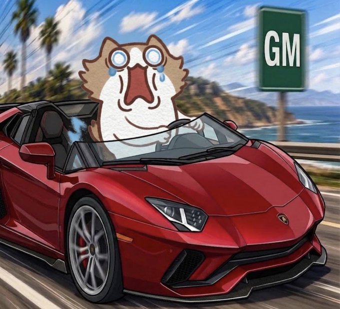 An anime-style illustration of a crying cat driving a red Lamborghini convertible past a 'GM' sign on a coastal road.
