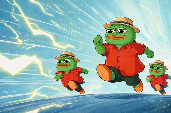 An illustration of three Pepe the Frog characters wearing straw hats and red shirts, running energetically through a sky filled with yellow lightning bolts.
