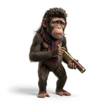 A 3D-rendered chimpanzee character wearing a plaid scarf and holding a brass telescope stands upright, representing a "before and after" transformation from a sad ape to a confident, accessorized character through re-rolling traits in the Brainrot Project.