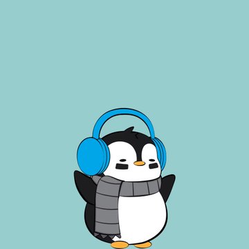 A cute cartoon penguin wearing blue headphones and a grey striped scarf against a light teal background.