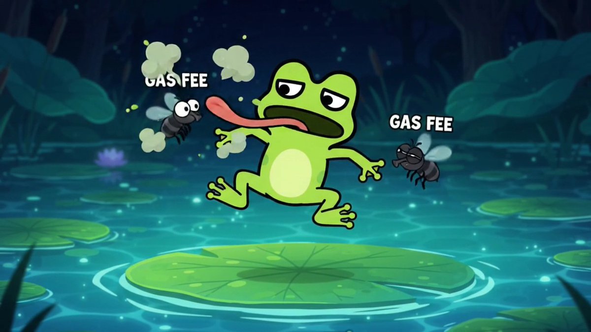 Cartoon frog being chased by gas fees, with flies labeled “GAS FEE” hovering near lily pads in a nighttime pond.