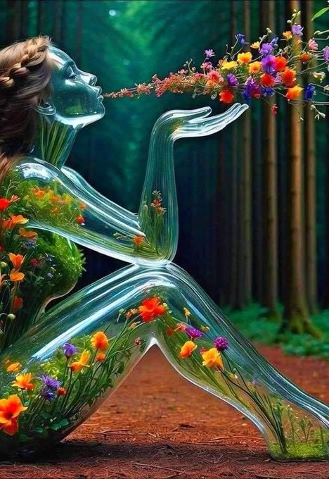 The image features a woman with flowers growing out of her body, sitting on the ground surrounded by various types of flowers. The scene appears to be set in an outdoor environment, possibly a forest or garden area. The woman's face is partially visible as she blows the flowers into the air. The post seems to be discussing the importance of consistent engagement and participation over time, drawing attention to the idea that meaningful contributions can have a lasting impact on the community.
