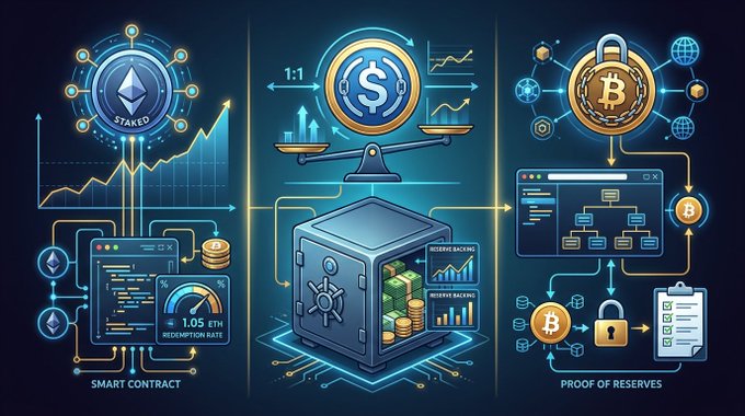 A digital infographic illustrating cryptocurrency concepts including Ethereum staking, a 1:1 dollar exchange, a smart contract with 1.05 ETH redemption rate, and Bitcoin proof of reserves.