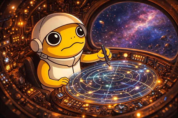 A cartoon frog in a space helmet pilots a spaceship, using a stylus to plot a glowing celestial course through a vibrant galaxy on the control panel—visually capturing the post's message of charting ambitious paths with community support for $TURBO.