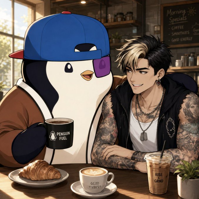 An anime-style illustration of a tattooed young man smiling at a coffee shop table alongside a penguin mascot wearing a backwards cap and a brown jacket, with coffees labeled "PENGUIN FUEL" and "GOOD VIBES," plus a "Morning Specials" chalkboard menu in the background.