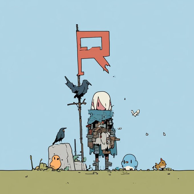 An illustrated character with white hair stands in a desolate landscape holding a tall staff with a red flag, accompanied by crows and small creatures.