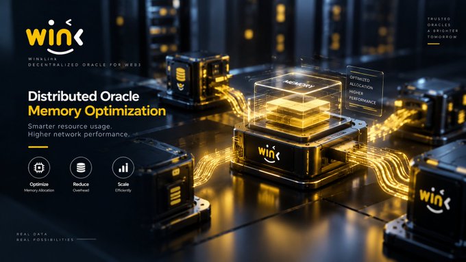 A tech advertisement for 'WIN' features the tagline 'Distributed Oracle Memory Optimization' with text reading 'WINLINK DECENTRALIZED ORACLE FOR WEB3,' 'Trusted Oracles A Brighter Tomorrow,' and icons labeled 'Optimize Memory Allocation,' 'Reduce Overhead,' and 'Scale Efficiently.'