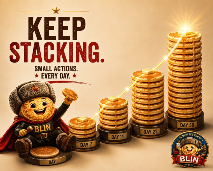 A motivational graphic reading 'KEEP STACKING. SMALL ACTIONS. EVERY DAY.' featuring a cartoon character in a 'BLIN' uniform next to stacks of pancakes growing taller from Day 1 to Day 30, representing the 'In BLIN We Trust' campaign.