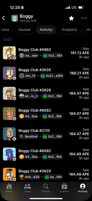 Mobile screenshot of a portfolio app showing recent activity for 'Boggy' at 184.46 APE, listing multiple 'Boggy Club' NFT sales ranging from 184.46 to 191.13 APE over the past 3 hours.