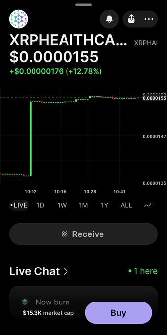 A cryptocurrency tracking app screen displays a token called XRPHEALTHCA... (XRPHAl) priced at $0.0000155, up 12.78% (+$0.00000176), with a 'Buy' button and 'Now burn $15.3K market cap' notice.