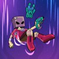 A pixel art character in red clothing performs a martial arts kick against a purple streaked background.
