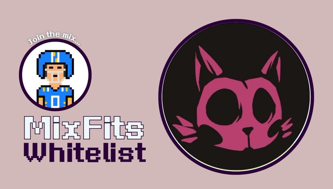 A graphic on a beige background featuring a pixel art character with 'Join the mix...' text, the 'MixFits Whitelist' logo, and a pink cat face illustration.