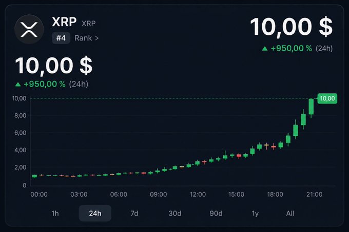 A cryptocurrency chart displays XRP (ranked #4) at a price of $10.00, showing a dramatic +950.00% increase over 24 hours with green candlesticks rising sharply throughout the day. The image visualizes the optimistic prediction from the accompanying post about XRP reaching $10 by 2029, presenting a hypothetical or projected price scenario.