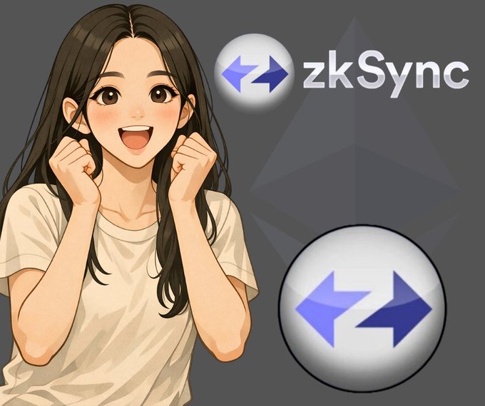 The image features a cartoon girl wearing a white shirt who appears to be excited about something. The background of the image is black with a gray triangle shape positioned above her head, which has the words "zksync" written below it. Below this, there are two arrows pointing in opposite directions, one blue and one purple. In the bottom right corner of the image, there's a post that says "The 2026 institutional window is open, and @zksync is securing the future of global settlement. While competitors run pilots, @zksync has live production deployments with Deutsche Bank's Memento and the cross-industry ADI Chain."