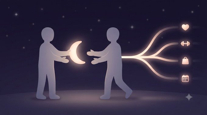 A minimalist illustration depicts two silhouetted figures passing a glowing crescent moon between them, with one figure branching out into icons representing a heart, dumbbell, shopping bag, and calendar against a starry night background.