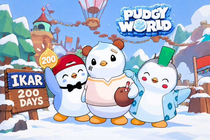 An illustration for 'Pudgy World' featuring three cute penguin characters in a snowy setting, with one holding a '200' coin and a wooden sign reading 'IKAR 200 DAYS'.