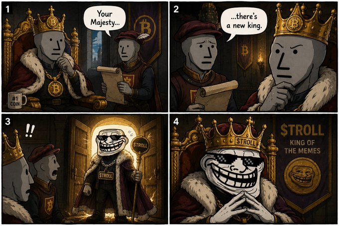 A four-panel comic strip depicting a king and advisor who discover "$TROLL" as the new king of memes, featuring a troll face character wearing a Bitcoin crown.