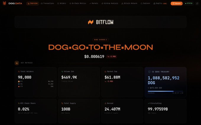 A Bitflow analytics dashboard for the DOG.GO.TO.THE.MOON meme coin, showing a price of $0.000619 (-2.98%), 98,000 holders, $469.9K 24h volume, $61.88M market cap, and 24.407M burned tokens.