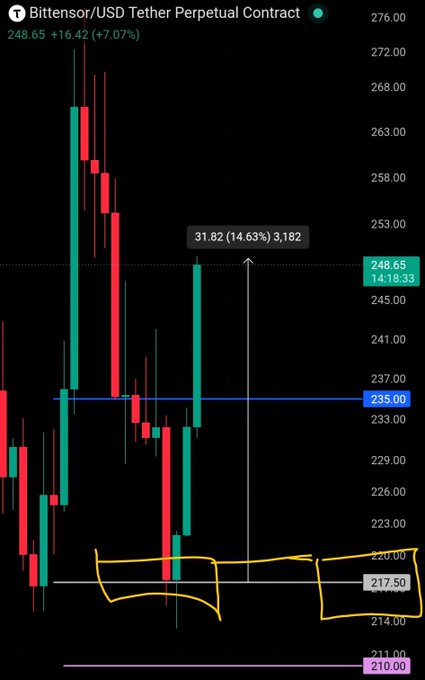 A candlestick chart of Bittensor (TAO) USD Tether Perpetual Contract showing the current price at $248.65 (+7.07%), with annotations highlighting a +31.82 (+14.63%) move to 3,182, key support levels at 217.50 and 210.00, and resistance at 235.00 and 248.65—visually reinforcing the trader's decision to lower the stop loss to $217 as TAO recovered from its dip toward that support level.