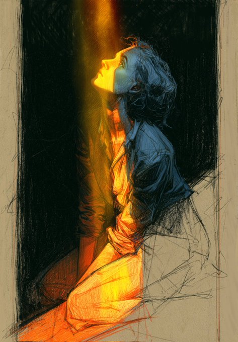 A digital artwork titled "Where the Light Found Me" depicts a woman kneeling with her face tilted upward toward a beam of golden light, her form rendered in expressive, sketchy strokes of blue, orange, and yellow against a dark background, reflecting the artist's "Good Morning" greeting and the offer to purchase the piece for 0.2 ETH on Manifold + OpenSea.