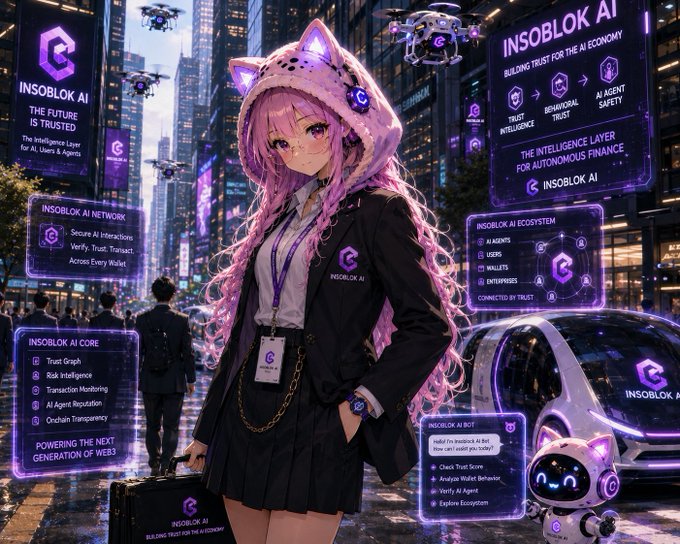 An anime-style illustration features a pink-haired girl wearing an 'INSOBLOK AI' branded jacket and animal-ear hood in a futuristic neon cityscape. Floating holographic panels advertise 'INSOBLOK AI' services including 'THE FUTURE IS TRUSTED,' 'THE INTELLIGENCE LAYER FOR AUTONOMOUS FINANCE,' 'INSOBLOK AI NETWORK,' 'INSOBLOK AI CORE,' 'INSOBLOK AI ECOSYSTEM,' and 'INSOBLOK AI BOT,' with a small robot companion nearby.