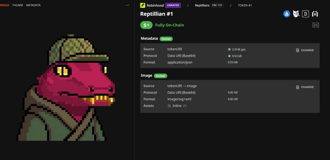 A blockchain explorer page displaying a pixel-art NFT of a red reptilian character wearing a military cap, identified as 'Reptillian #1' from the 'Robinhood' collection, showing tokenURI metadata.