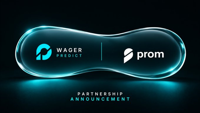 A futuristic, glassy infinity-shaped graphic against a dark background displays the "Wager Predict" and "prom" logos side by side, with "PARTNERSHIP ANNOUNCEMENT" written beneath—visually representing the collaboration between Wager Predict's prediction markets on BNB Chain and PROM's zk-powered infrastructure for AI agents.